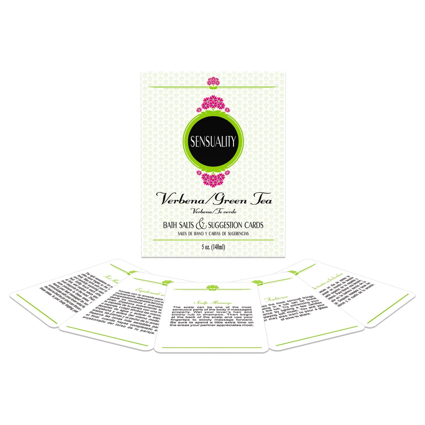 Packaging for Sensuality Verbena Green Tea Bath Salts, showing a box and five cards with various romantic and relaxing suggestions.