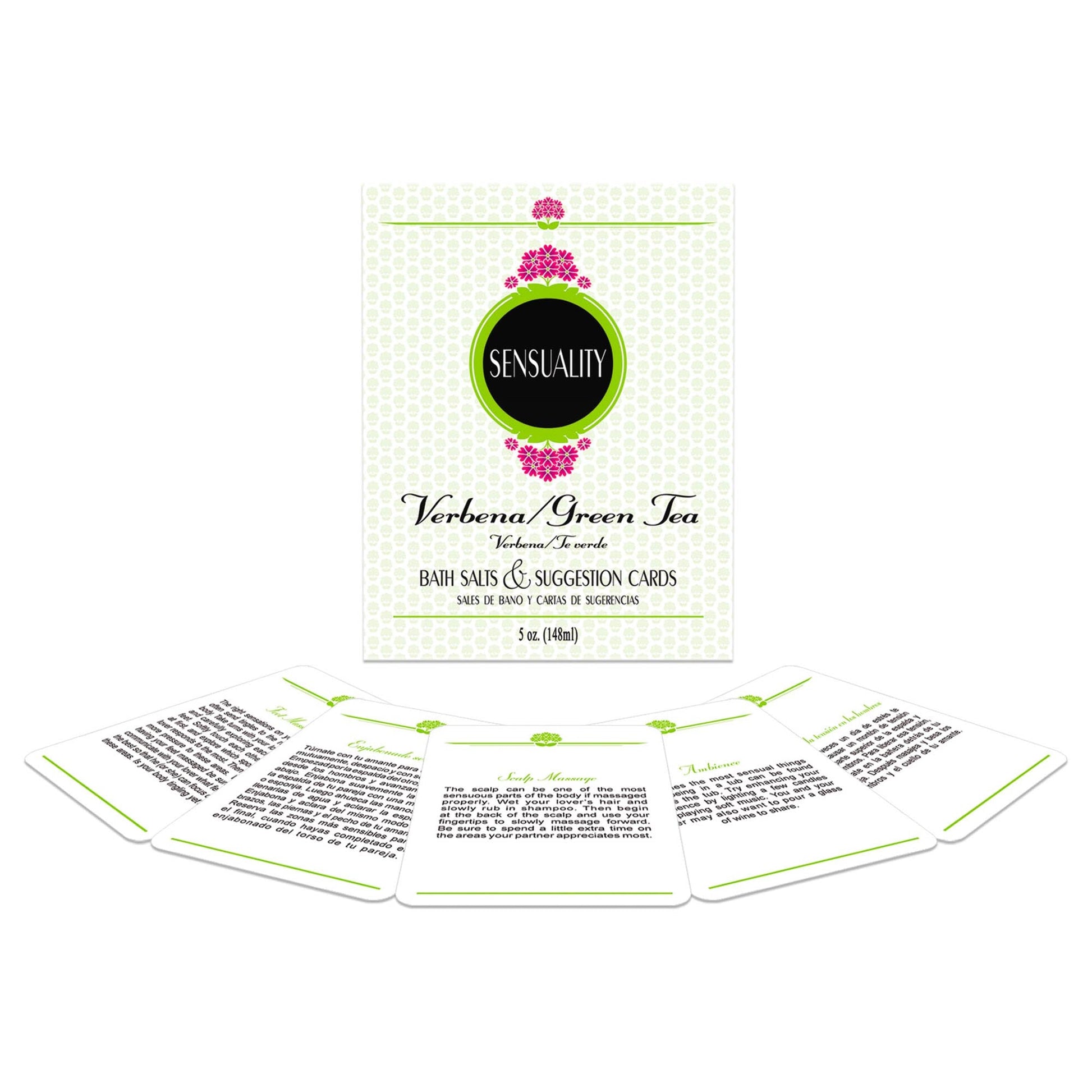Packaging for Sensuality Verbena Green Tea Bath Salts, showing a box and five cards with various romantic and relaxing suggestions.