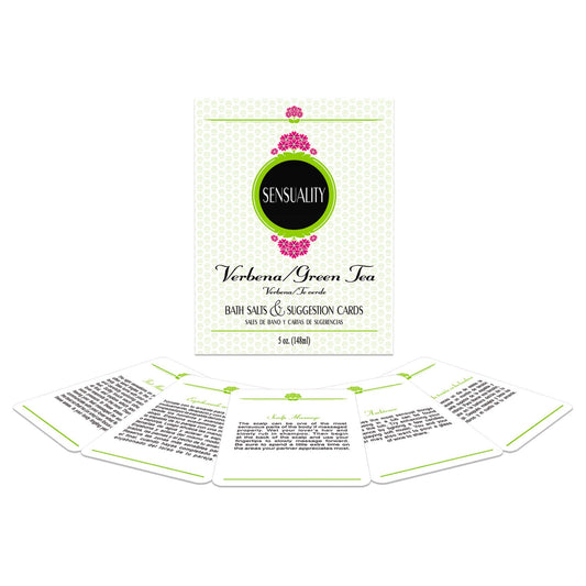 Packaging for Sensuality Verbena Green Tea Bath Salts, showing a box and five cards with various romantic and relaxing suggestions.