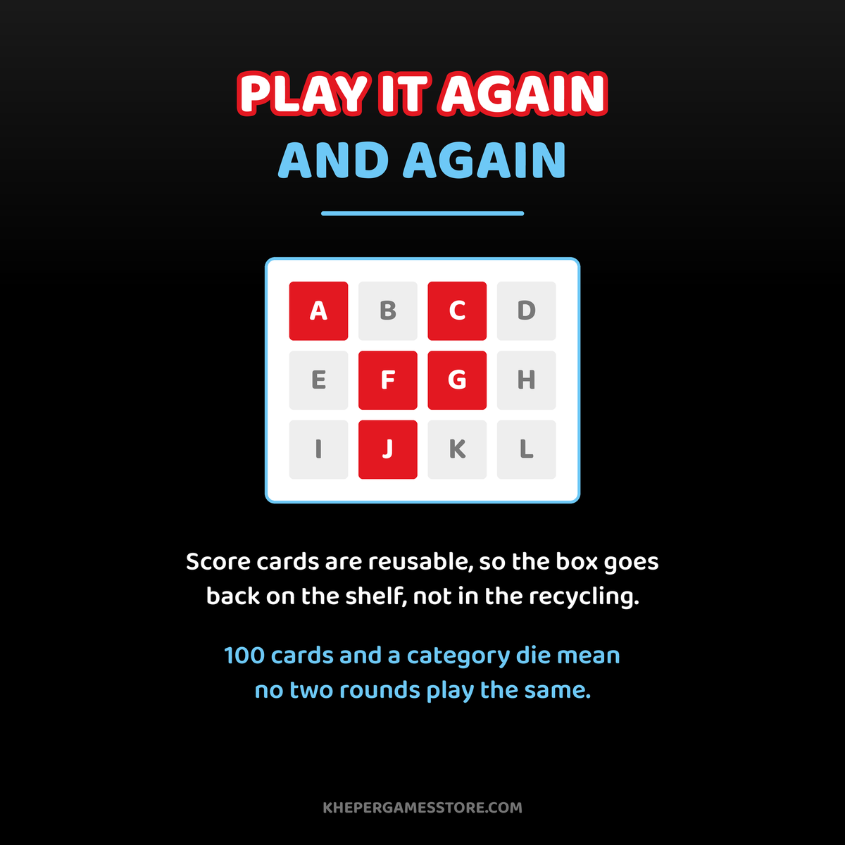 Adult A...Z reusable score card with letter grid, showing the game can be replayed again and again